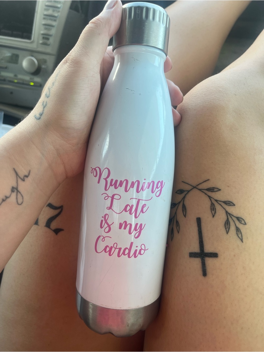White Stainless Water Bottle with Pink Script - Running Late is My Cardio